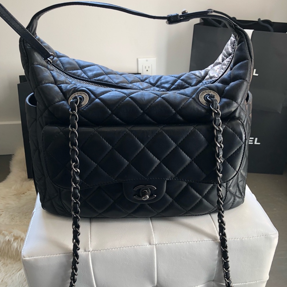 AUTH Chanel hobo bag black w silver hw